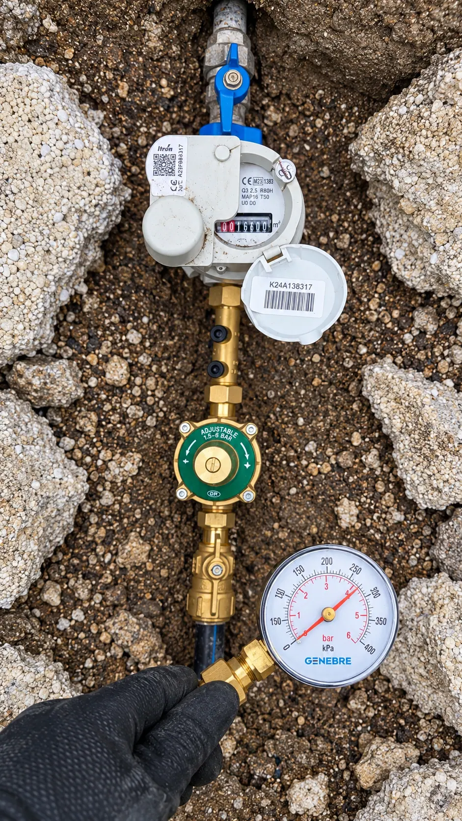 Contrôle de pression au manomètre sur un compteur d’eau remplacé