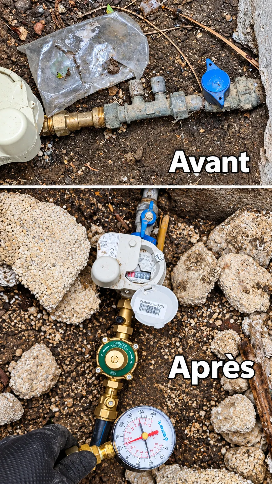Raccordement d’un compteur d’eau, avant et après intervention