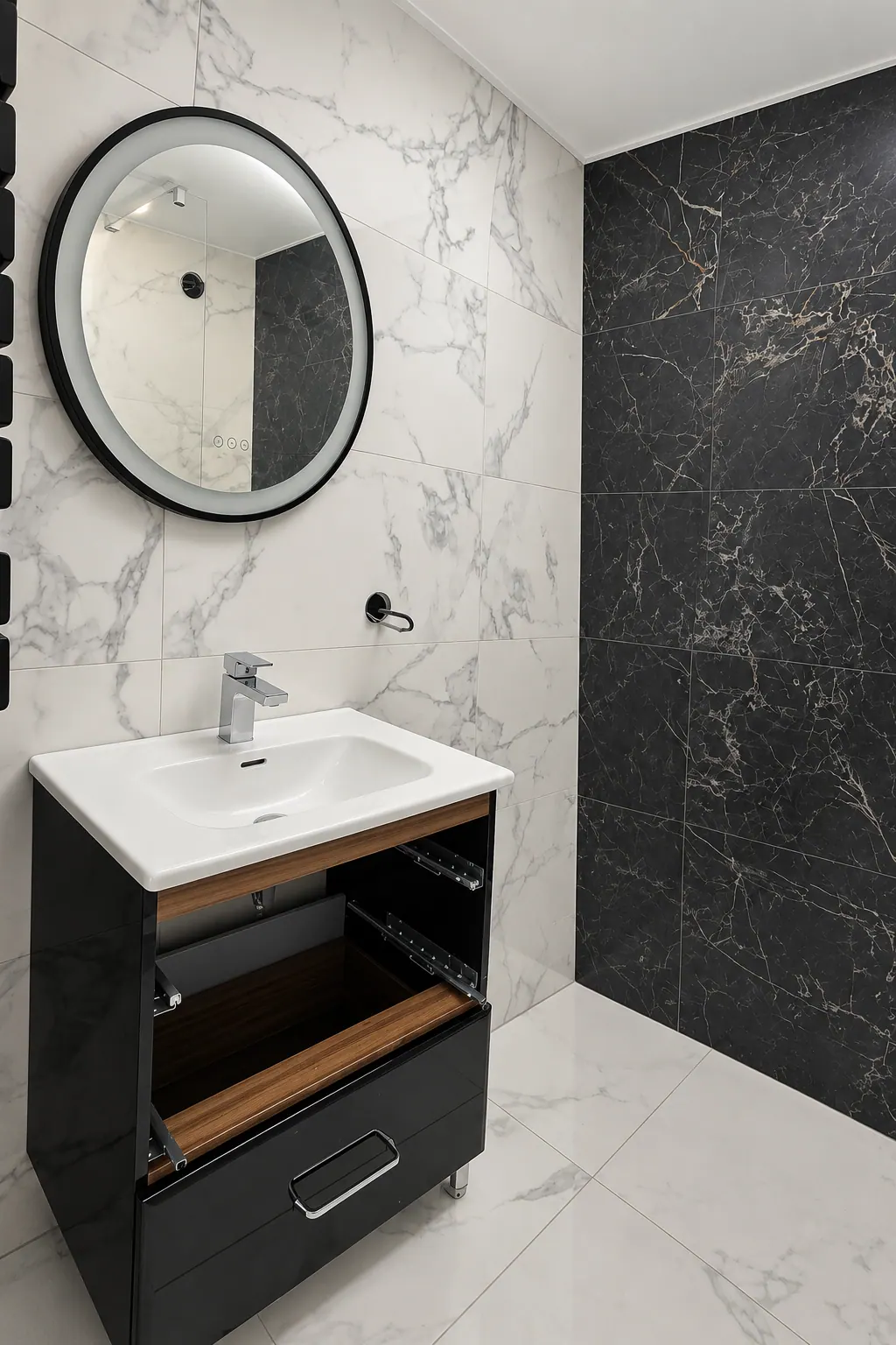 Meuble vasque et miroir rond, faïence effet marbre noir et blanc